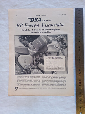 BSA Motorcycle Approves BP Energol Oil Original Advertisement from a Magazine