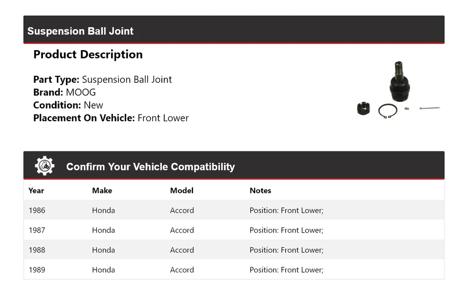 Передний нижний шарнир подвески для Honda Accord 1986-1989 годов выпуска MOOG 1986 1987 1988 - Изображение 2 из 4