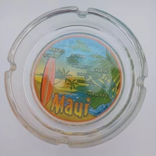 Maui Hawaii Islands Map Glass Souvenir Ashtray Surf Board and Palm Trees 4"