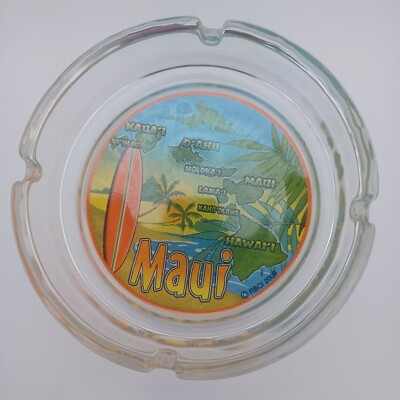 Maui Hawaii Islands Map Glass Souvenir Ashtray Surf Board and Palm Trees 4''