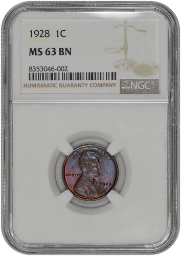 1928 1C Lincoln Wheat Cent NGC MS 63 BN with Purple Toning