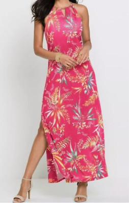 Damen Maxi Kleid Dress Blumen pink lang XS S M L XL mit Schlitz Cut-Out neu 113