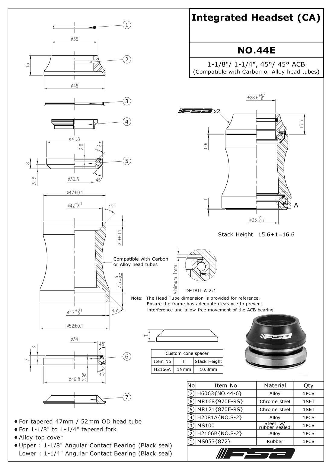 FSA ORBIT C-33 Integrated Headset Fit 1-1/8" to 1-1/4" (Height:15.8mm) Tapered