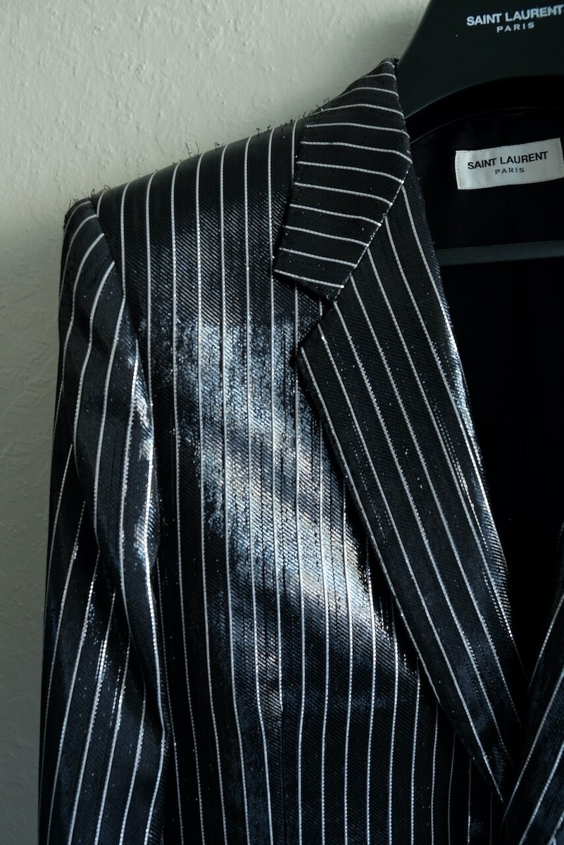 Saint Laurent Pinstripe Blazer Shiny Lamé Jacket FW16 Hedi Slimane