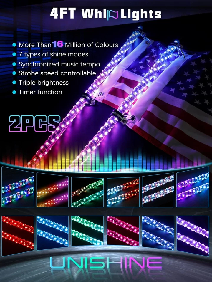2PCS 4FT LED Whip Lights with Spring Base Spiral RGB Chasing Lights with APP & R - Image 2 of 4