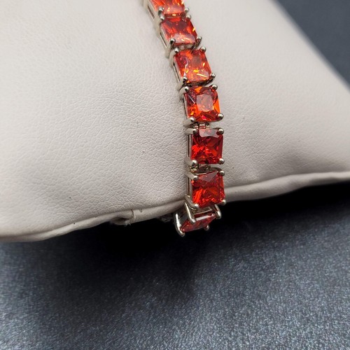 Pulsera Tenis Circonita Cúbica Naranja Plateada Bolo Ajustable - Imagen 4 de 11
