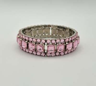 Vintage Pink Rhinestone Bracelet With Square & Round Stones Silver Tone 8.5 