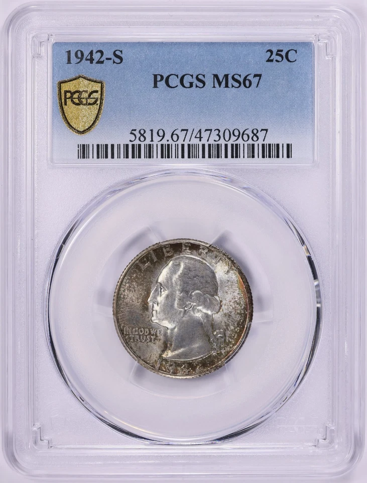 1942 S Washington Quarter PCGS MS67 Rainbow Toned Secured Holder - Image 2 of 3