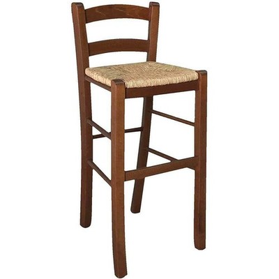 Holzhocker mit Sitz aus Stroh H 67 cm in dunklem Nussbaum