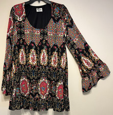 Show Me Your Mumu Margot Blck Pattern Bell Sleeve Boho Mini Dress With Ruffle LG