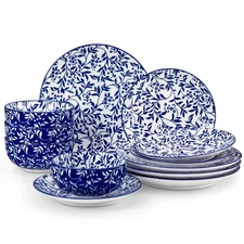MALACASA 12 Pieces Dinnerware Sets, Porcelain Plates and Bowls Set for 4, Blue a