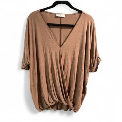 Zenana Twist Front V-Neck Oversized Dolman Sleeve Top Neutral Brown- Size 1X