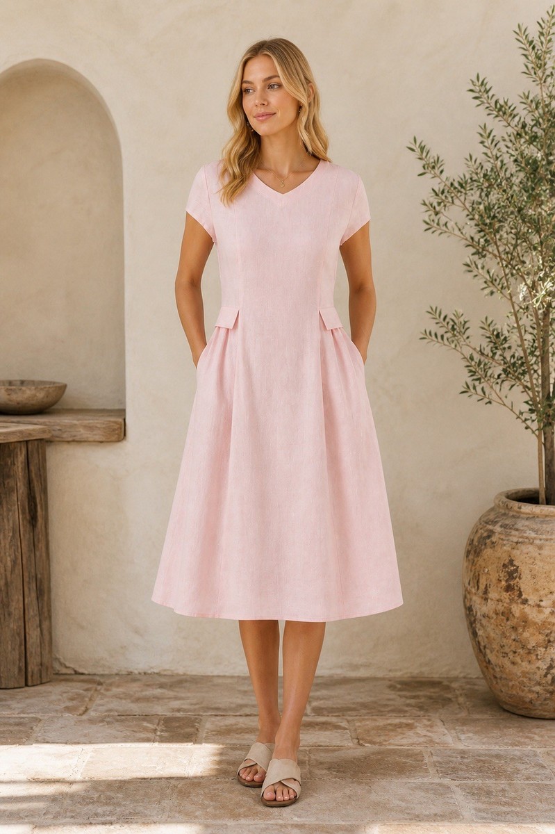linen dress xxl Lintico Linen NWT ALEXA Dress Soft Pink Midi Size XXL
