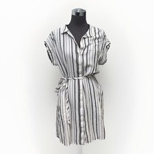 Anthropologie Cloth & Stone Shirt Dress M Off White Linen Blend Striped Button