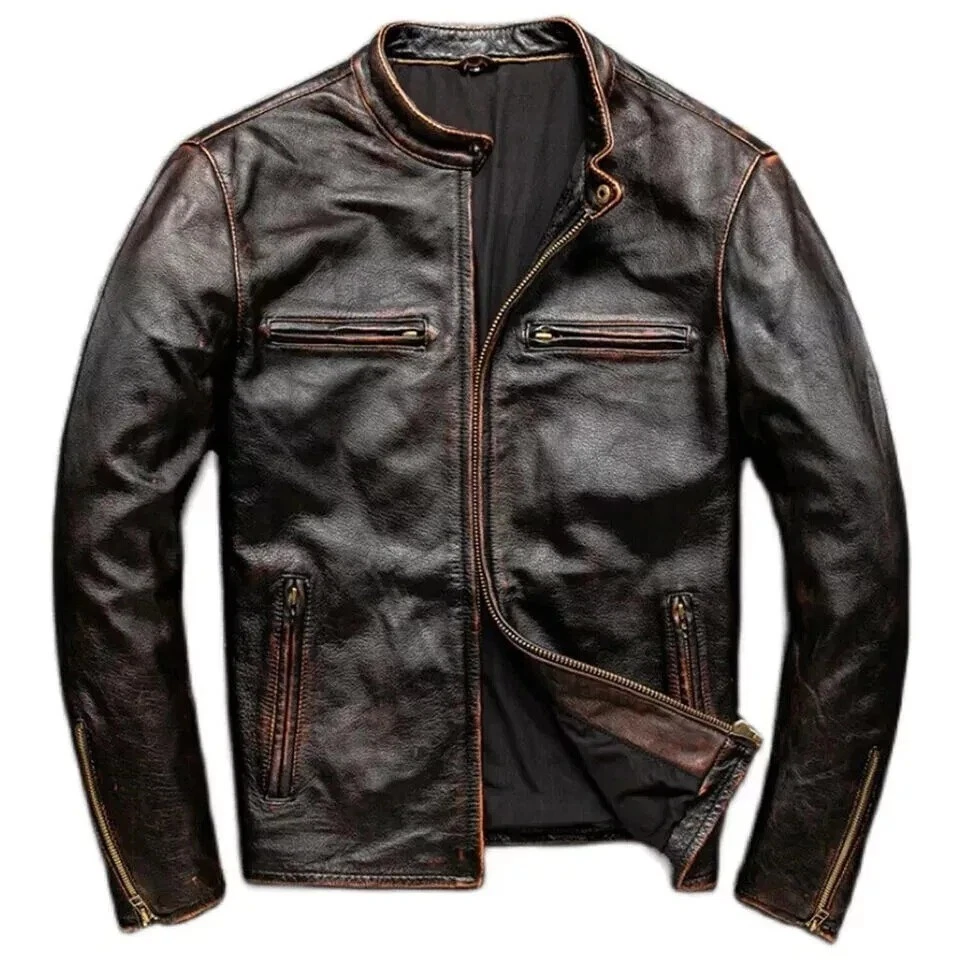 Men’s Distressed Brown Genuine Leather Vintage Motorcycle Racer Biker Jacket