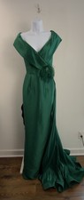 Terani Couture Off-Shoulder V-Neck Broch Shift Train Full-Length Gown Green Sz 6