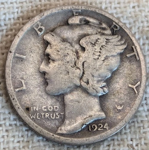 1924 D Mercury Dime VG/Fine : Low Mintage 6.8M (Only 3,500 Left) -.9 Fine Silver