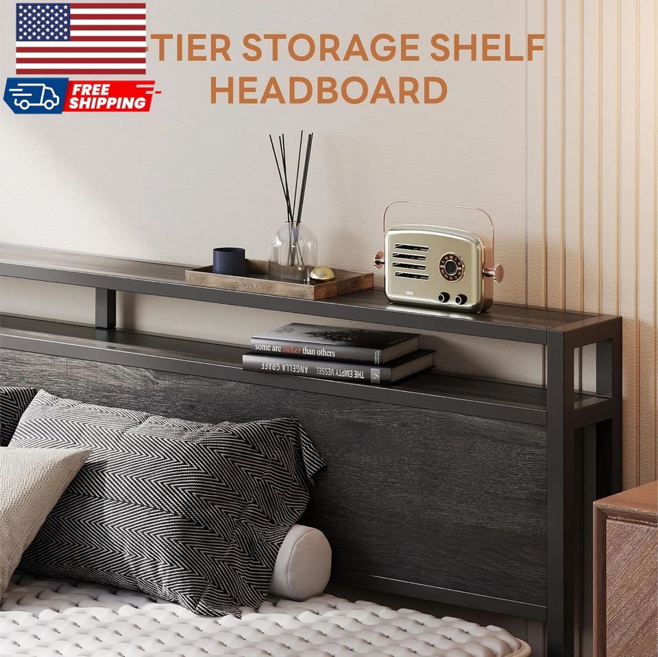 Marco de cama California King con cabecero madera oscura Camas California King con Foto 3 de 4