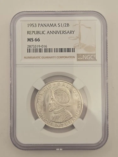1953 PANAMA SILVER 1/2 BALBOA REPUBLIC ANNIVERSARY NGC MS 66