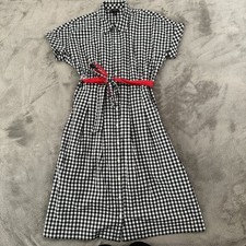 Talbots Black White Red Cotton Poplin Shirt Dress Women's 8 Gingham Belted Midi