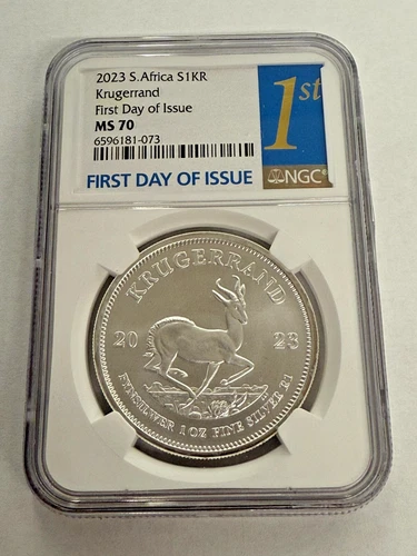 2023  SOUTH AFRICA KRUGERRAND SILVER  999 FIRST DAY ISSUE & 1ST LABEL / MS70 NGC