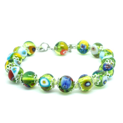Murano Verre Bracelet Vert Multi Argenté Millefiori Fait Main Venise 15 Perles - Picture 7 of 9