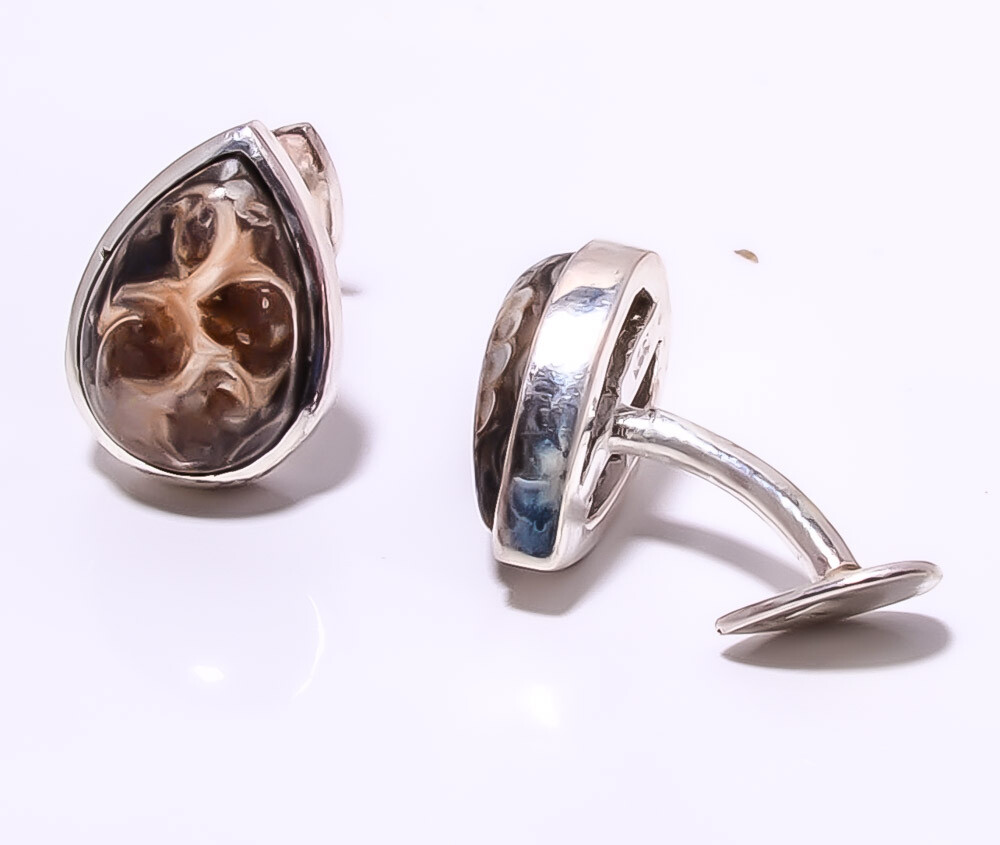 Turritella Fossil Agate Gemstone 925 Sterling Silver Cufflink Men's Jewelry T79