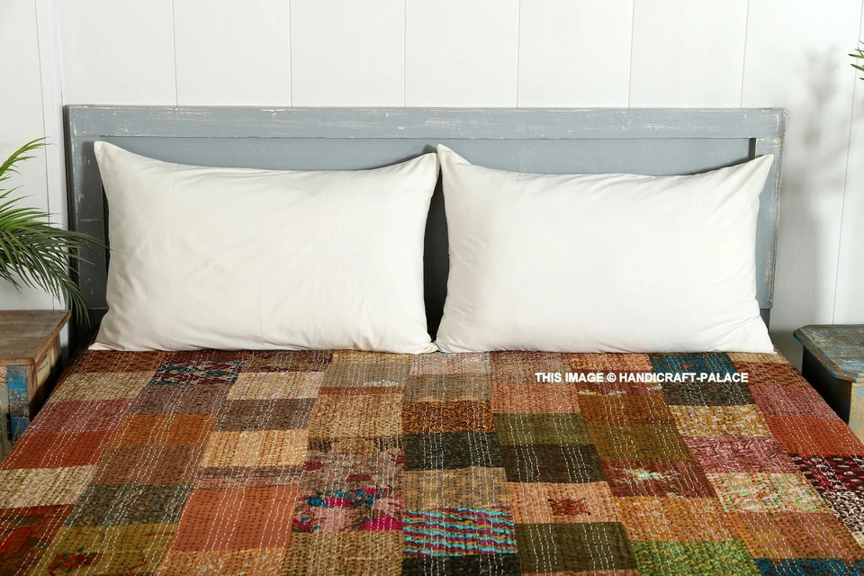 Colcha Kantha vintage retazos india hecha a mano edredón seda tiro queen marrón Foto 3 de 4