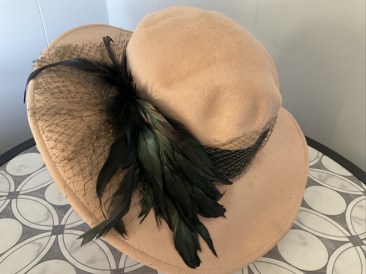KATHY JEANNE RETRO CLOCHE Tan FEATHER HAT U.S.A. | eBay display picture 1
