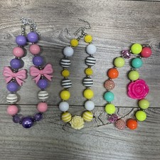 Bright Colorful Rainbow Bubblegum Pink Bow Chunky Bead Girls Necklaces Lot Of 3