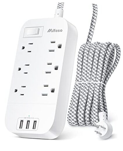 Power Strip - 10 FT Long Flat Plug Extension Cord, 6 Outlets 3 USB 10 ft White