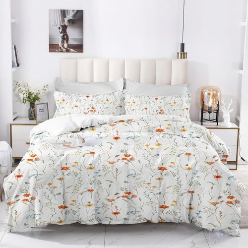 White Floral Duvet Cover Queen Size 3 Piece Farmhouse Yellow Botanical Flowers L
