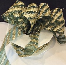 Vintage French Ribbon Green Gold Stripe Fringe Sheer Width 1-1/2 Inches 5 Yards