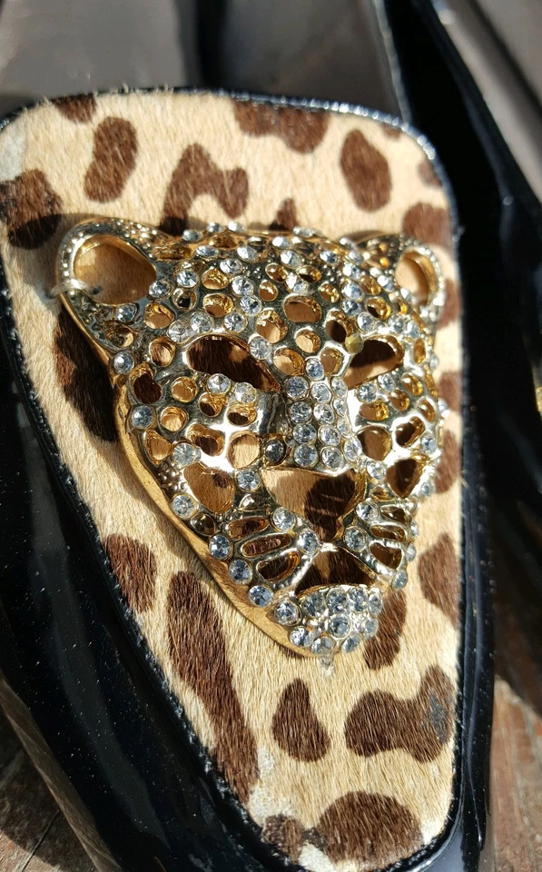Pony Fur Leopard Print Shoes Jeweled Cheetah Head Black Patent 8 N - Image 2 of 4