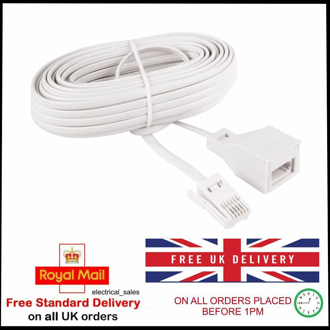 20 METRE TELEPHONE EXTENSION LEAD CABLE RJ11 BT PLUG TO SOCKET FULLY