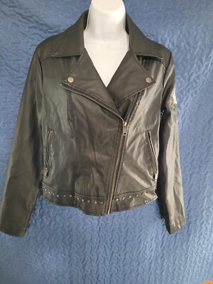 New Look Faux Leather Biker Jacket with Embroidered Rose on Left Sleeve 