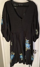 ASOS DESIGN Curve Smocked Bodice Black Floral Embroidered Dress Puffy Sleeves 22