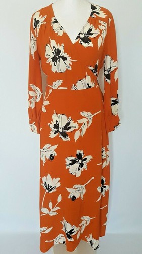 Next Women Orange Floral Long Sleeve Wrap Maxi Dress UK Size 10
