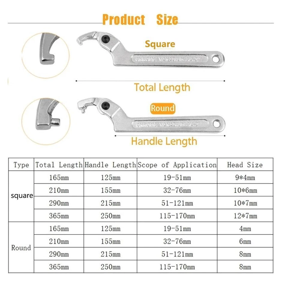 4 Sizes Adjustable Hook Wrench C Spanner Round Head Hand Tool for Nuts Bolt - Image 2 of 4