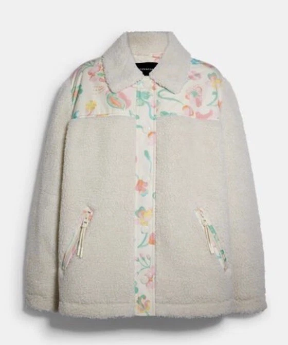 *NUOVA CON ETICHETTE* Giacca Sherpa Floreale Coach Bloccata Bianca Taglia M