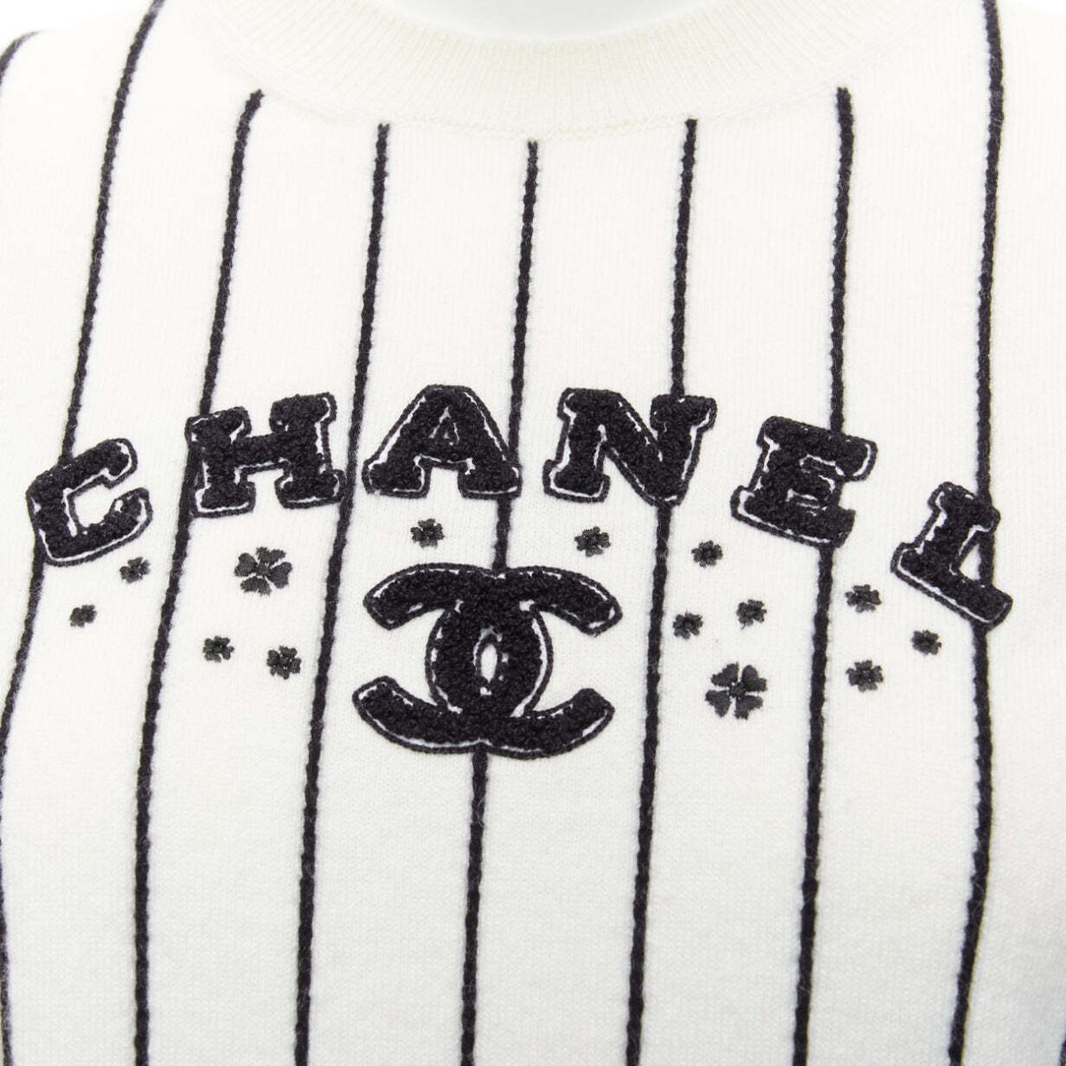 CHANEL 2023 100% cashmere cream black striped logo varsity sweater 