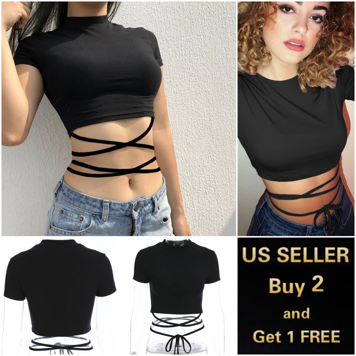 Women's Crop Top T-Shirt Solid Black with Straps Sexy | eBay