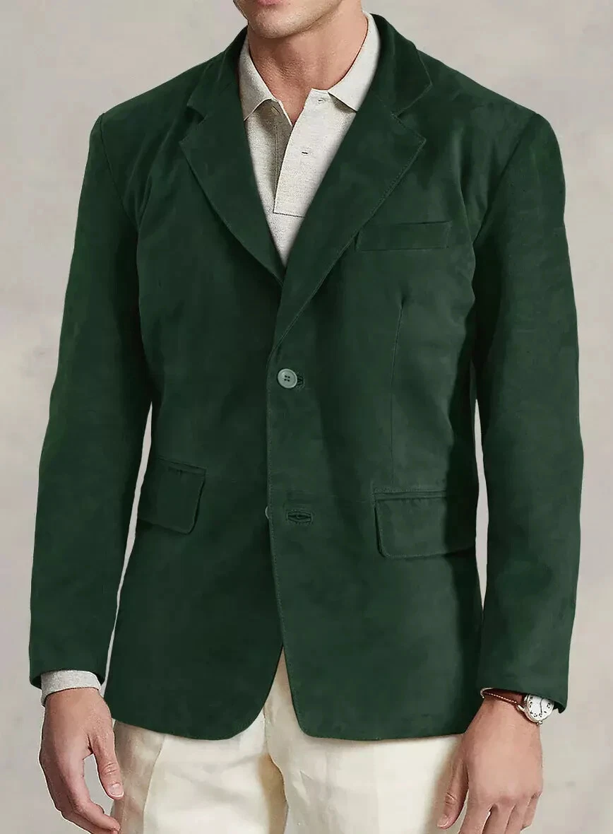 Men’s Dark Green Suede Leather Blazer Slim Fit 2 Button Casual Formal Blazer