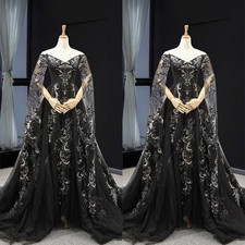 Gothic Black Wedding Dresses Vintage with Cape V Neck A Line Tulle Bridal Gowns