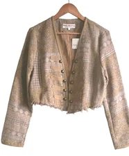Free People Juliette Cropped Tan Jacket Raw Hem  Tapestry Women's Large NWT 