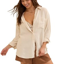 Aerie Gauzy Coverup Shirt S Oversized Button Front Textured Pool to Party Beige
