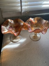 2 Fenton Holly Pattern Marigold Ruffled Bowl Pedestal Carnival Glass Candy