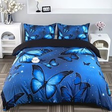 Blue Butterfly Starry Sky Duvet Quilt Cover Double Bedding Set Pillowcase