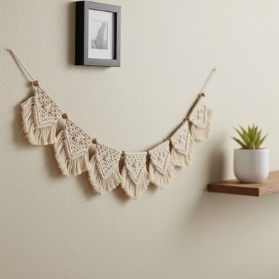 Makramee Wandbehang Boho Deko Dreieck Beige Baumwolle Holz Schlafzimmer