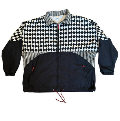 Le Coq Sportif Vintage Windbreaker Jacket Mens Large Black White Checkerboard